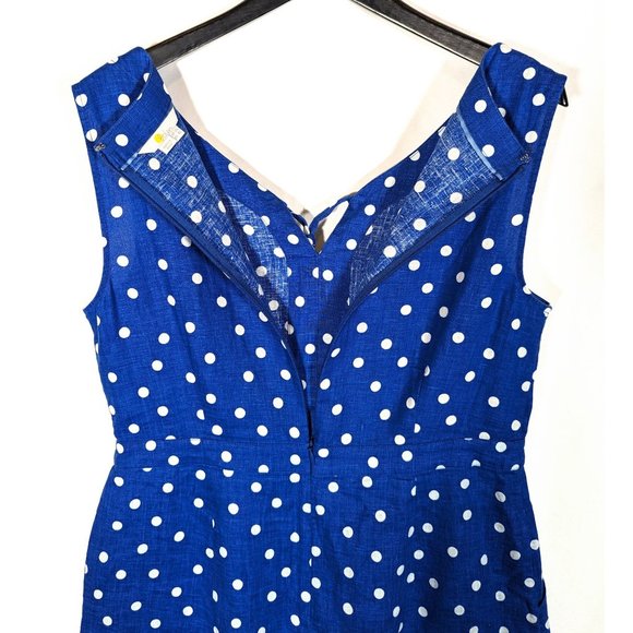 Boden Rae 100% Linen Polka Dot Sheath Dress Size 8 Long Sleeveless Retro Midi - Picture 9 of 10